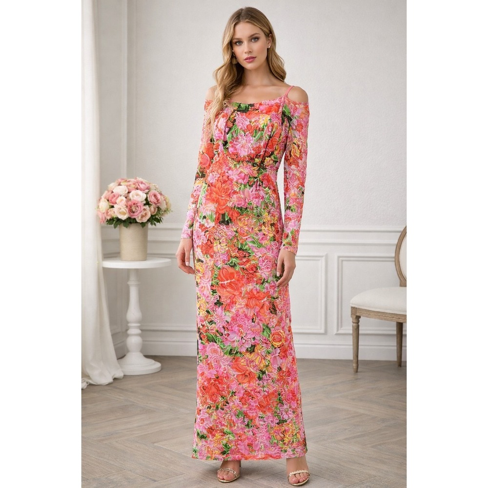 Marina Floral Lace Overlay Maxi Dress XS Pink Red Stretch Lined Made USA